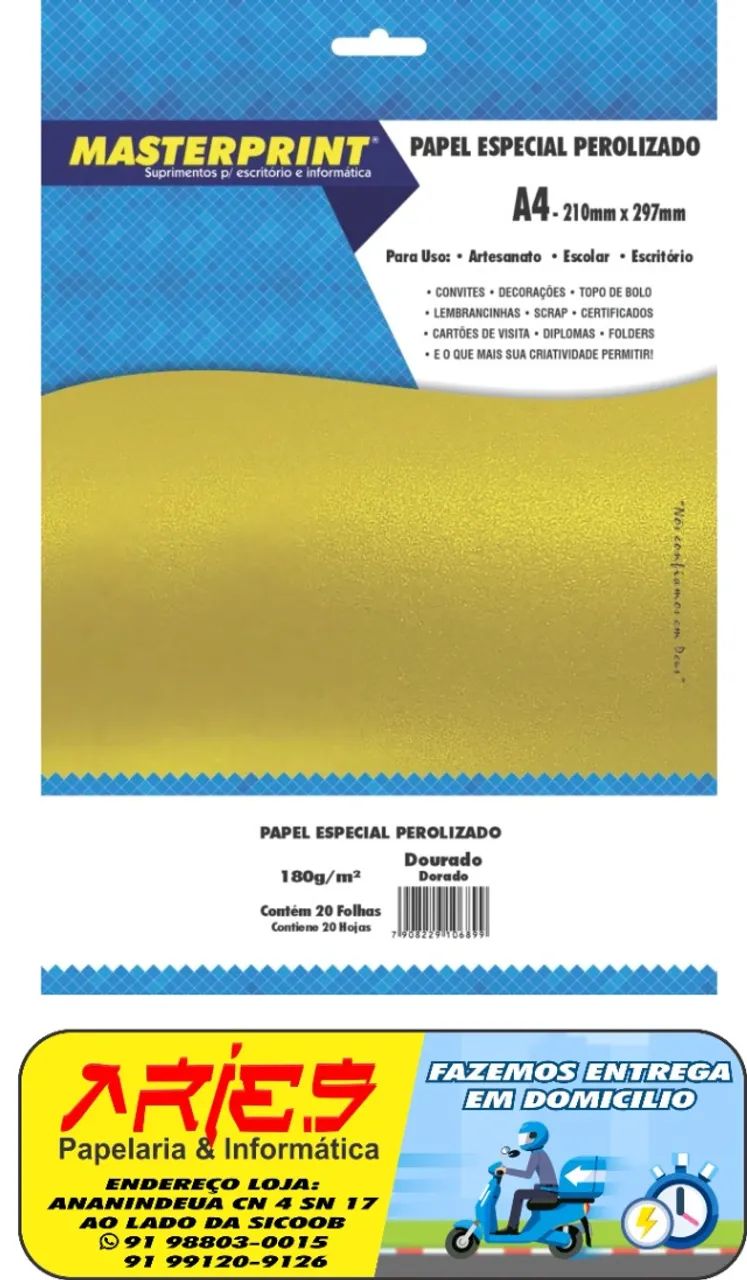 PAPEL ESPECIAL PEROLIZADO DOURADO 180G MASTERPRINT A4 20 FOLHAS