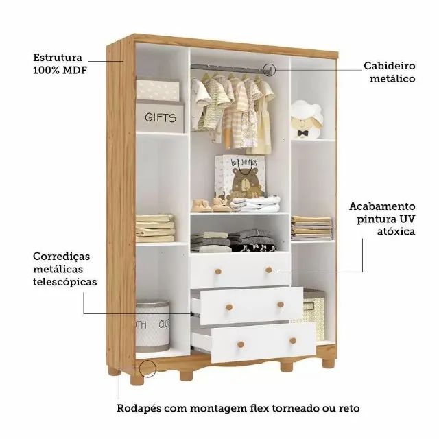 Roupeiro Lumi 4 Portas + Berço Americano Cloe, 100% MDF - Peroba  - Foto 3