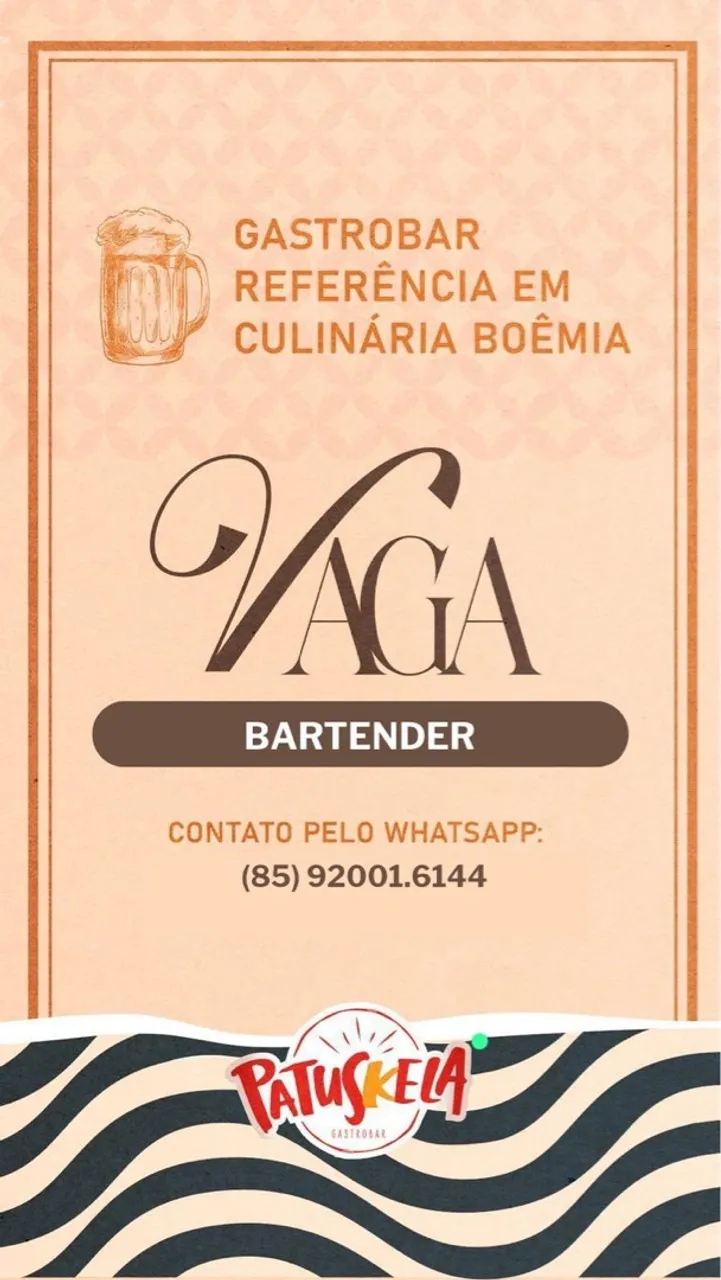 Vaga para Bartender em restaurante
