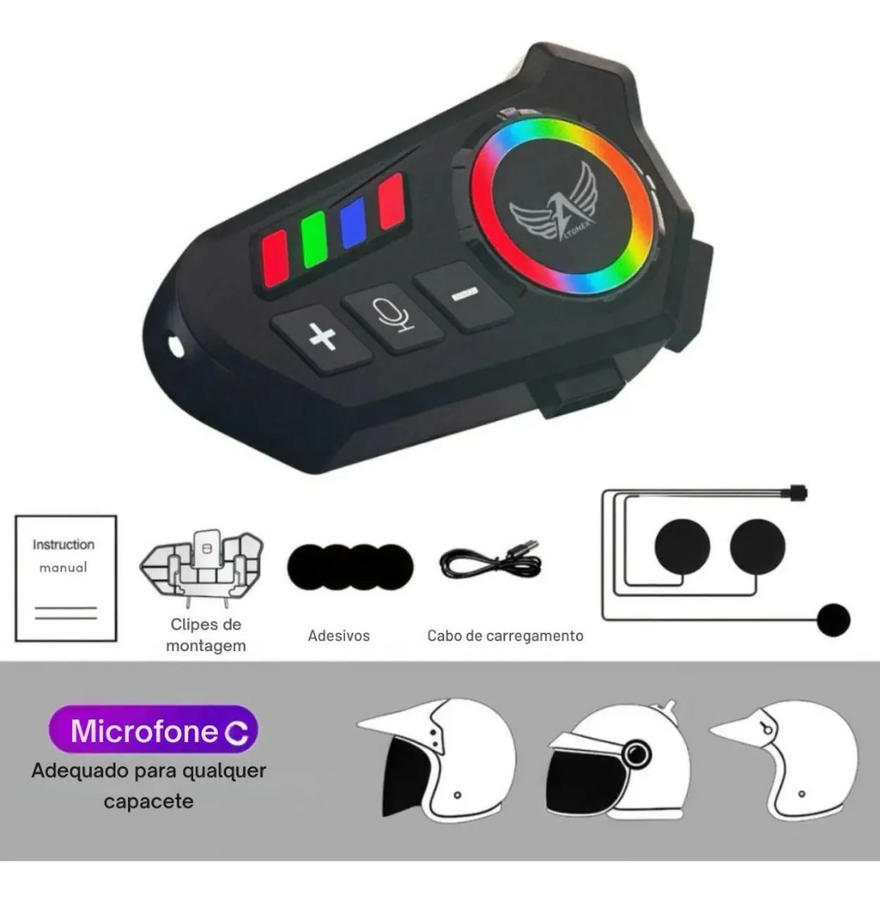Fone De Ouvido Microfone Rgb Bluetooth Para Capacete Moto<br> - Foto 3