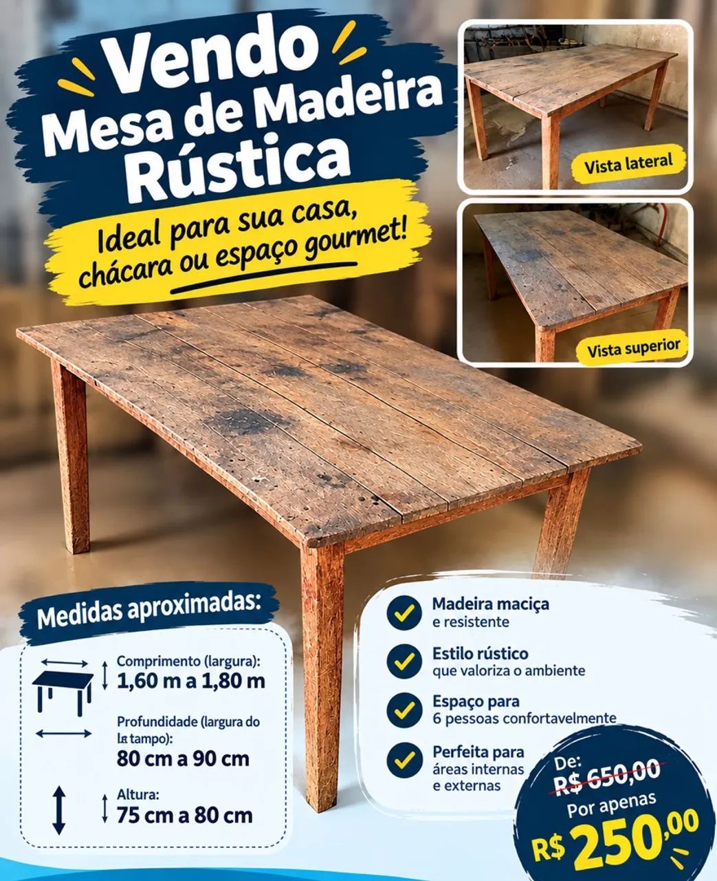 Mesa de Madeira Rústica Maciça Usada 6 Lugares - Grande e Resistente | R$250,00