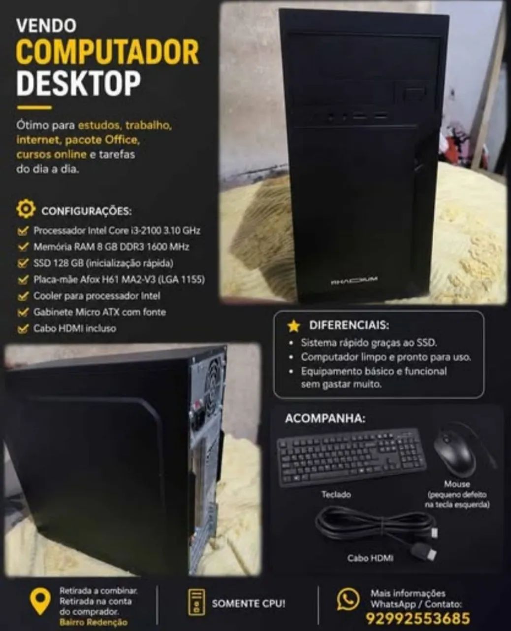 Computador Desktop i3, 8GB RAM, SSD 128GB - Rápido e Funcional + teclado+HDMI+MOUSE