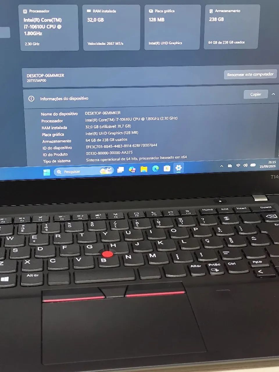 NOTEBOOK THINKPAD i7 10ª/32GB RAM/256GB SSD - Foto 2