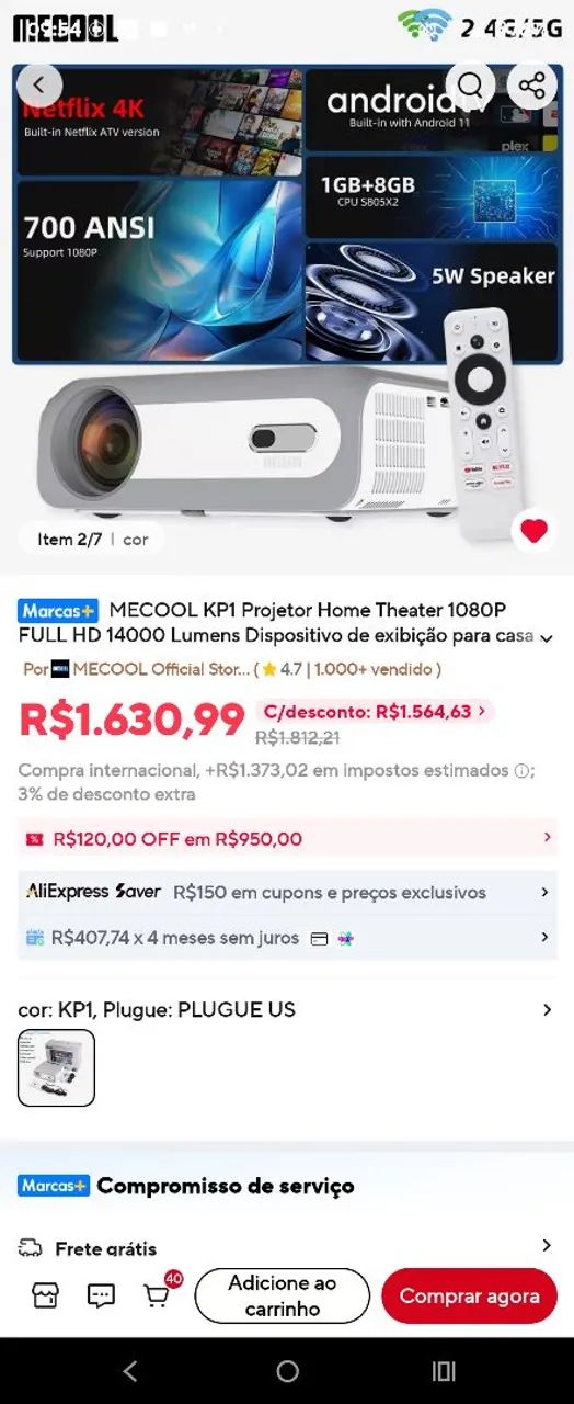 MECOOL KP1 Projetor inteligente Full HD 1080P 700 ANSI lumens - Foto 6