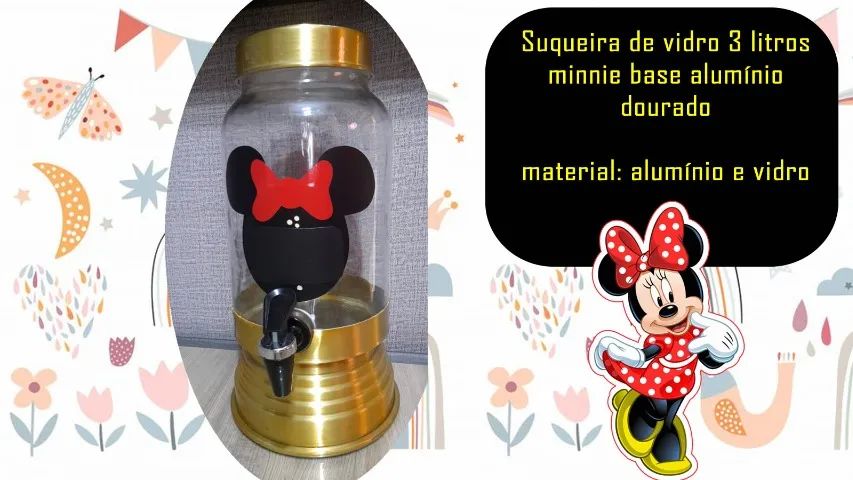 Suqueira de vidro 3 litros minnie base alumínio dourado