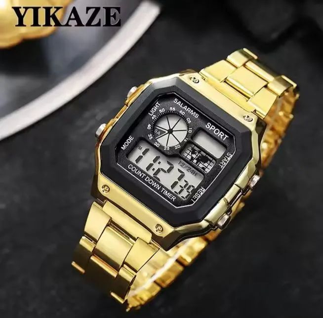 Relogio digital masculino dourado resistente a agua