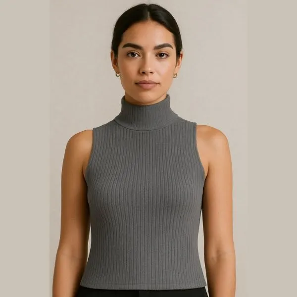Cropped Gola Alta Canelado: Look fashionista use Com saia justa ou pantalona e salto