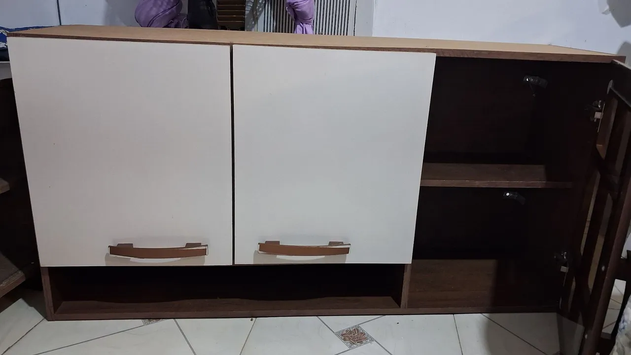 Armário de cozinha com duas portas e prateleiras