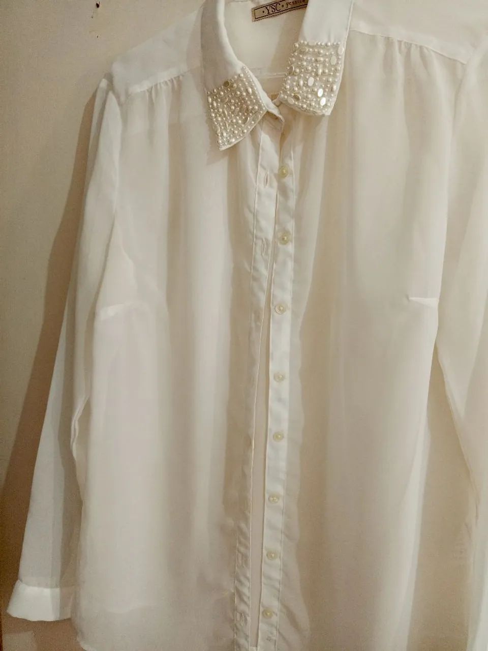 Blusa linda de Chiffon e gola bordada de pérolas  - Foto 3