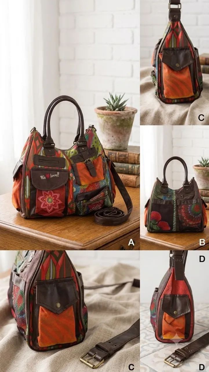 Bolsa Grande Original Desigual Patchwork Vários Bolsos