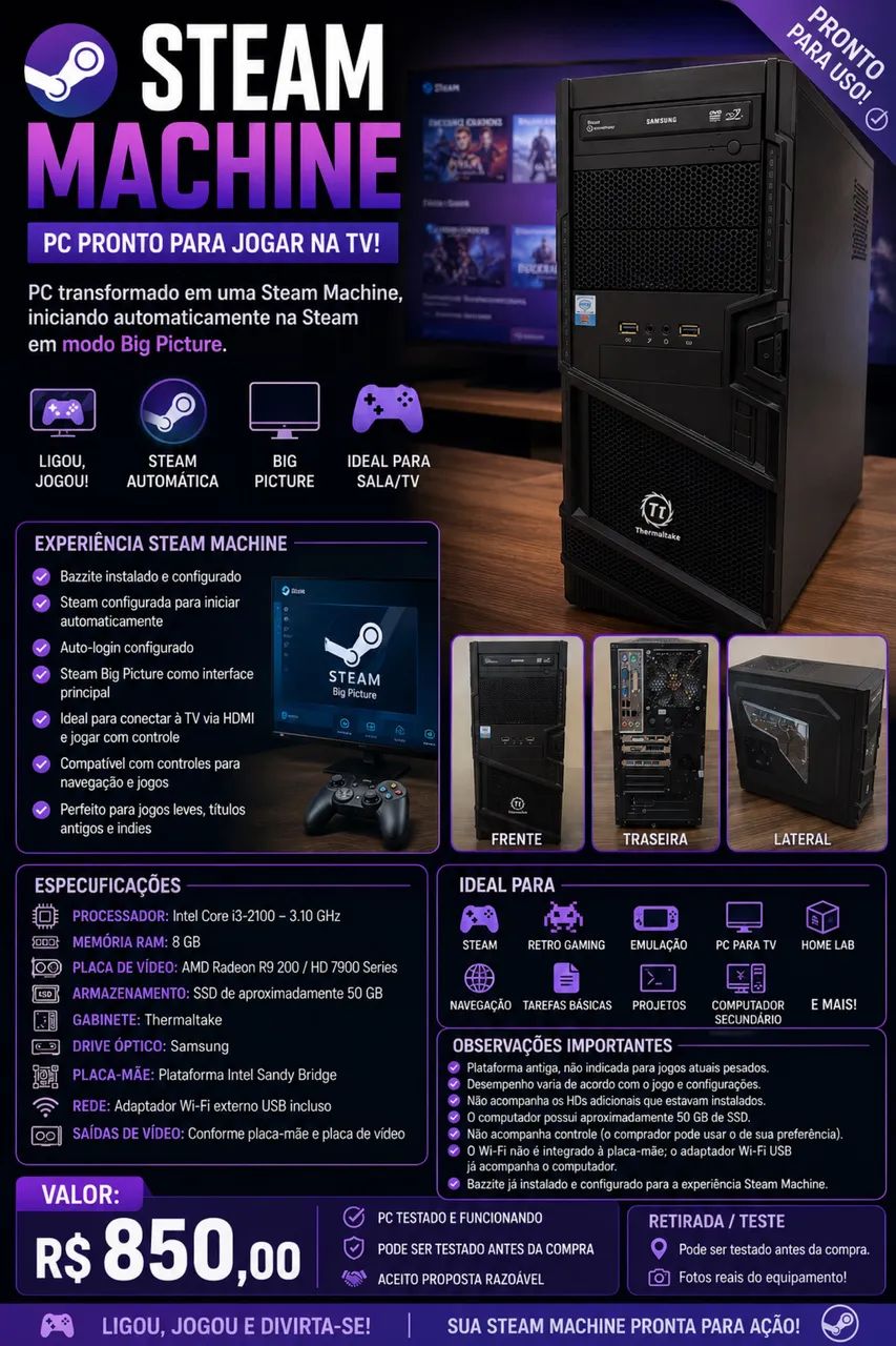 STEAM MACHINE - PC i3 + Radeon R9 + 8GB RAM