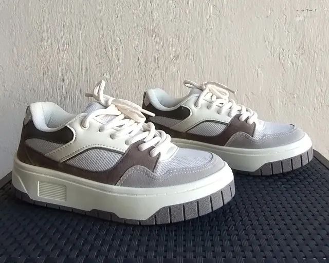 tênis chunky feminino plataforma cinza e branco | novo - Foto 4