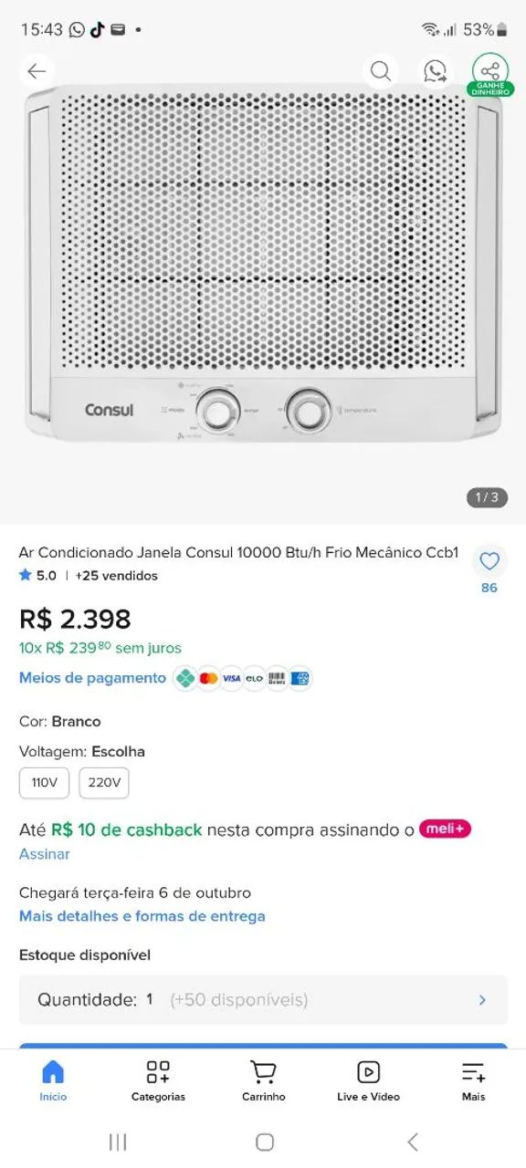 Ar condicionado de janela 10 mil btus