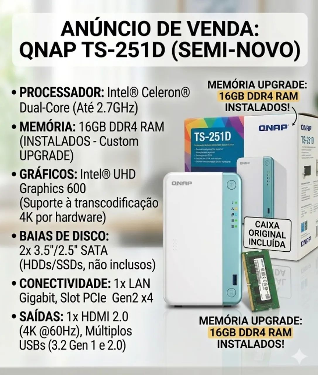 QNAP TS-251D (Semi Novo)