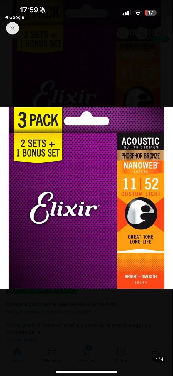 Kit com 3 encordoamentos Elixir Phosphor Bronze aço 