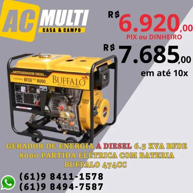 Gerador de energia a Diesel 6.5 kva BFDE 8000 partida Elétrica Com Bateria Buffalo 474cc 