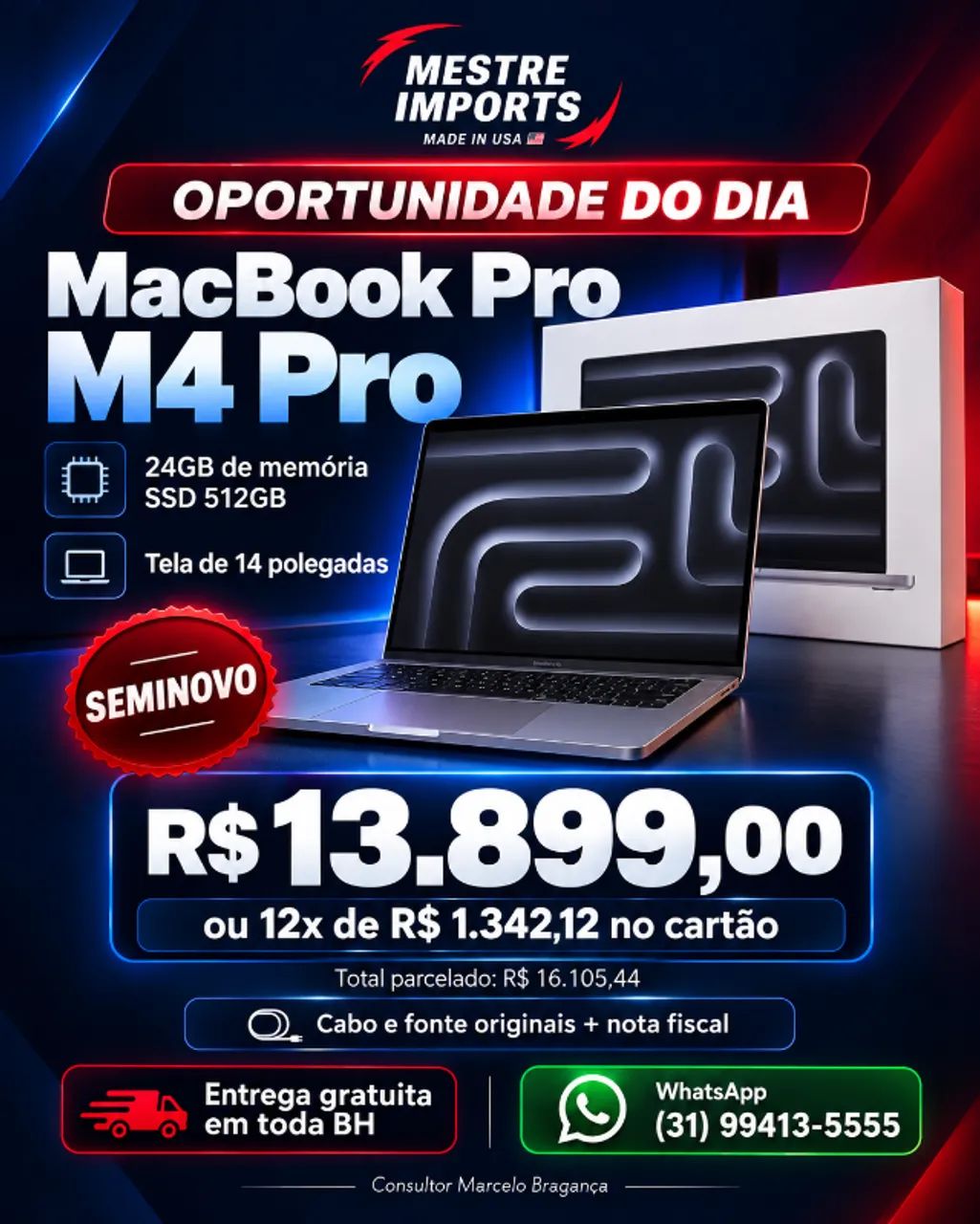 MacBook Pro M4 Pro 24GB SSD 512GB 14 polegadas Seminovo