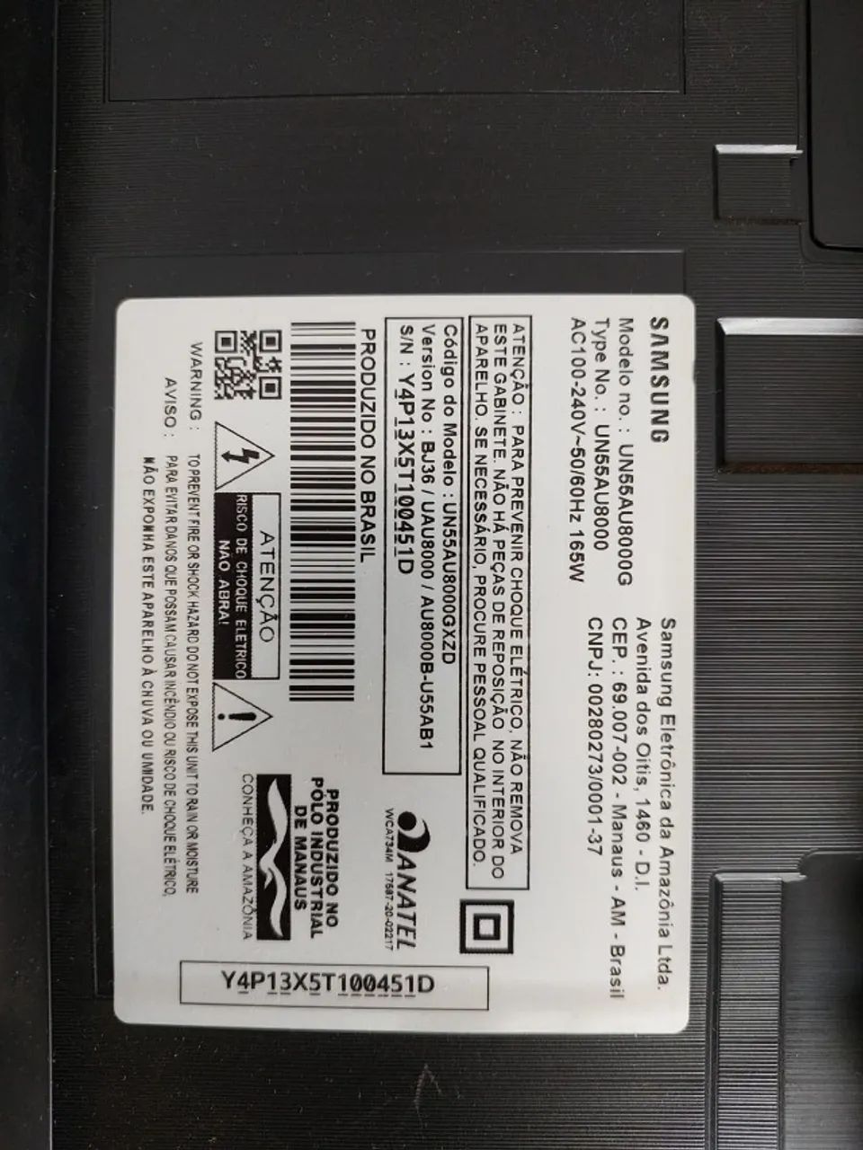 TV Samsung 55AU8000G - Liga - Backlight acende - Tela quebrada - Para peças