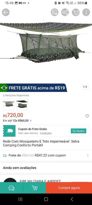Rede de Camping com Mosquiteiro e Teto Impermeável Selva Militar