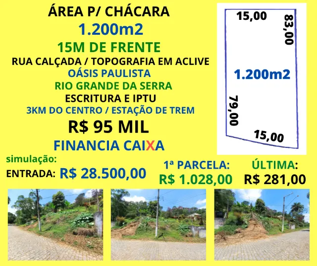 Área p/ Chácara 1.200m2 15m de frente Oasis Paulista Rio Grande da Serra Escritura