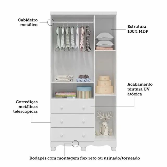 Roupeiro Infantil Junior 03 Portas, 100% MDF  - Foto 3