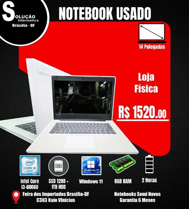 Notebook Lenovo Intel Core I3-6006U 8GB RAM SSD 128GB + 1TB HDD Windows 11 14* Polegadas