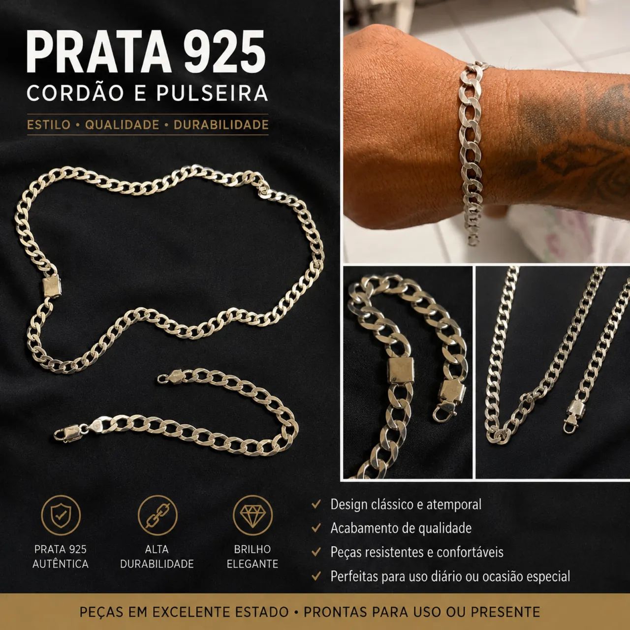 Cordão e pulseira de prata 925 masculina - ótimo estado