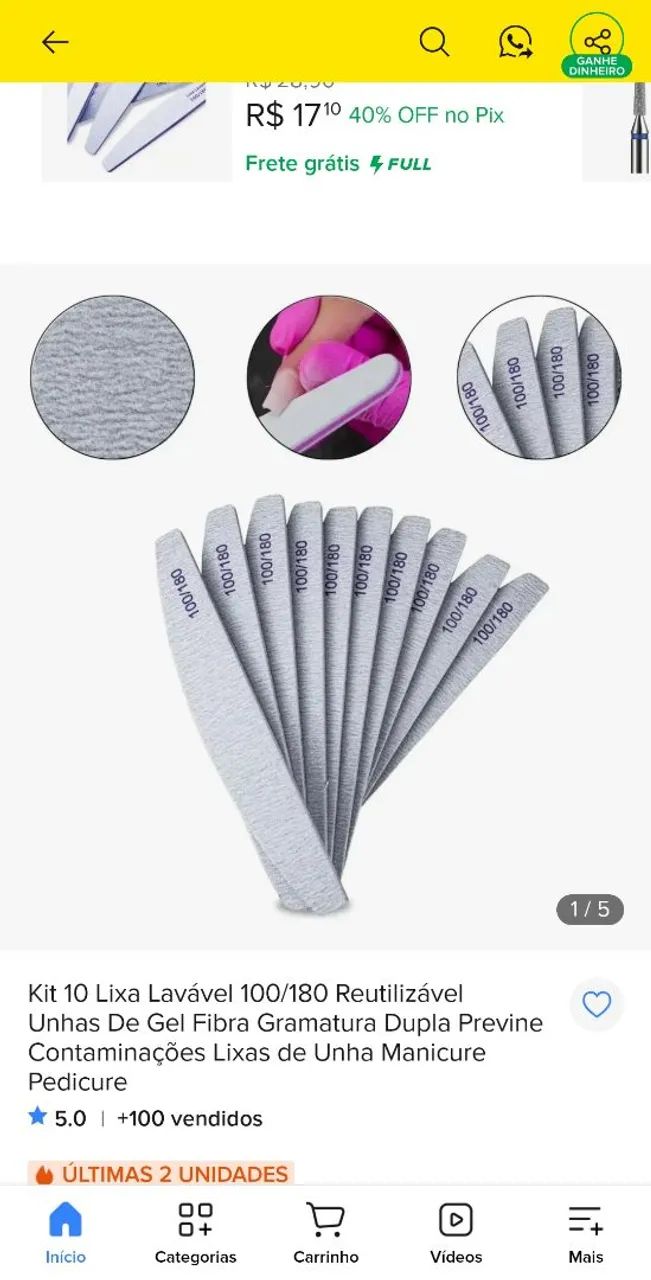 10 Lixas 100/180 - unhas de gel