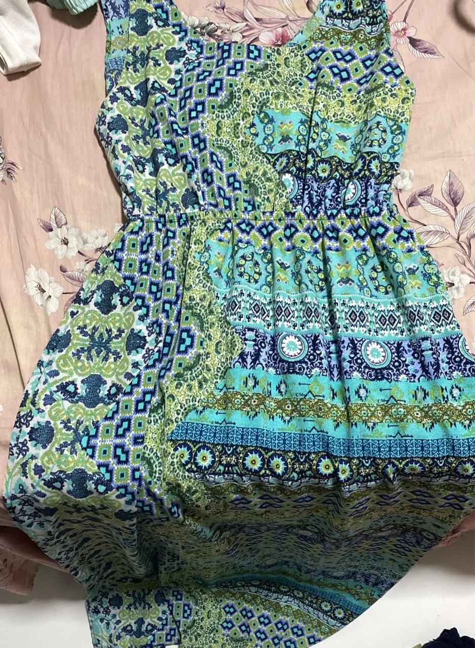 Vestido Estampado Étnico Azul e Verde - Leve e Fresco