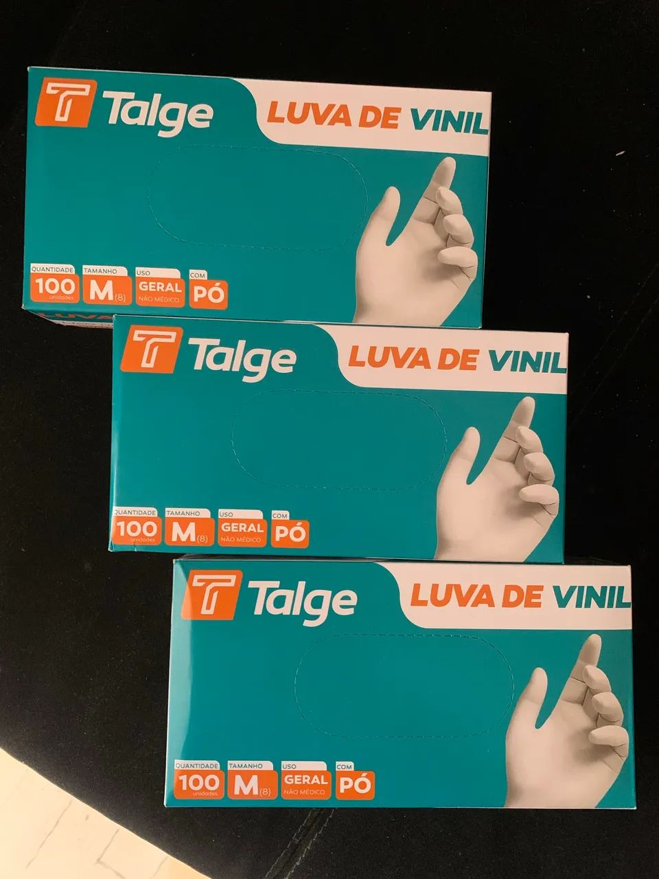 3 pacotes lacrados de luvas de vinil com pó, tam M