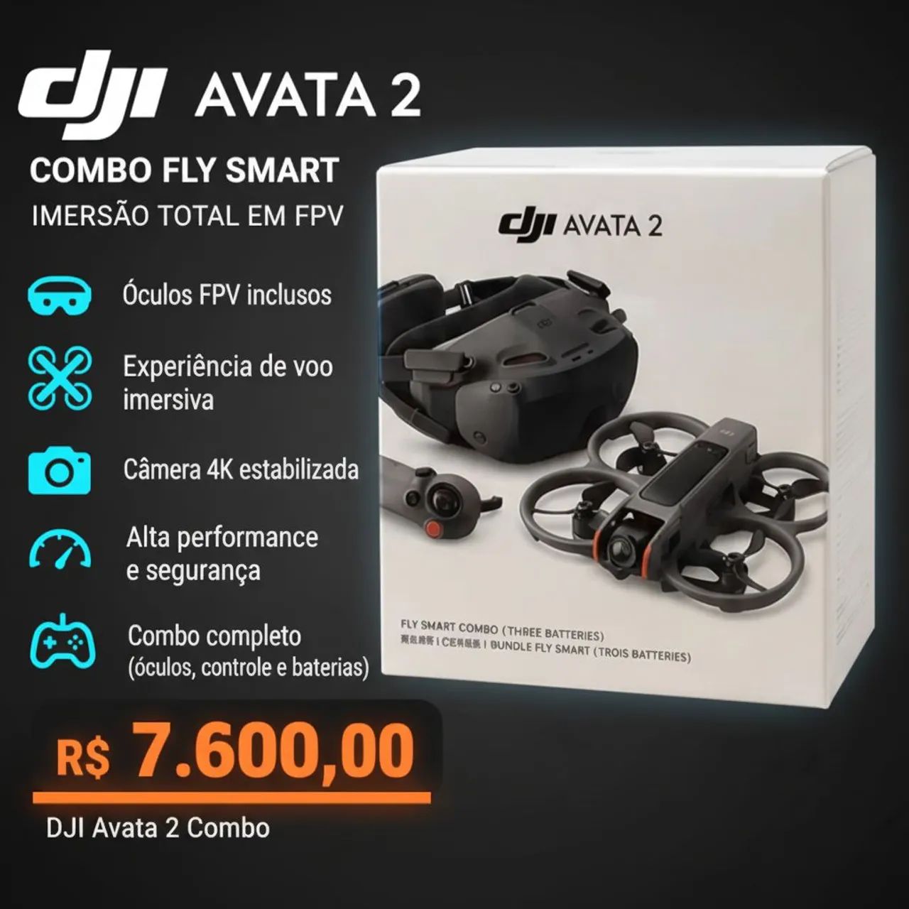 Drone DJI AVATA kit flysmart 3 baterias, controle motion e googles N3