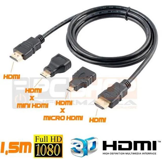 Cabo Conversor HDMI para Mini HDMI, Micro HDMI 1,5 metros Kit HDMI