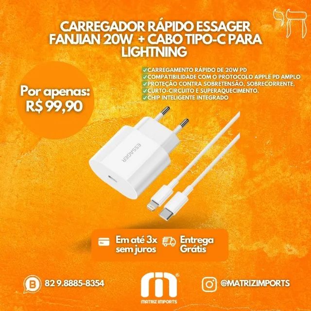 Carregador Essager Fanjian 20W - Rápido e Seguro para Dispositivos Apple