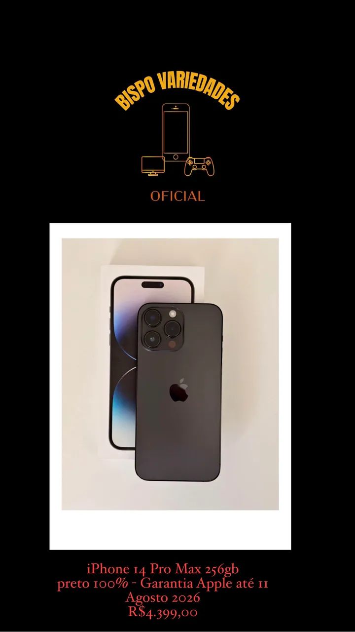 IPHONE 14 PRO MAX 256GB PRETO-ESPACIAL-BATERIA 100% - Celulares e