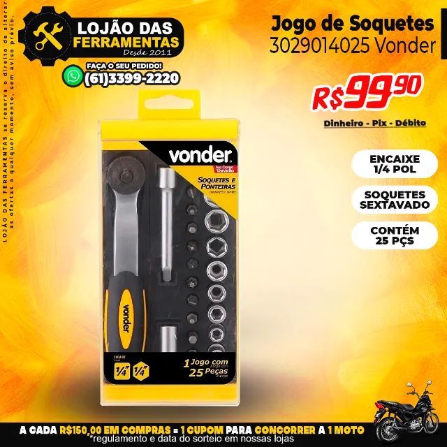 Jogo de Soquetes Sextavado 1/4 Pol 25 Peças 04 a 13mm 3029014025 Vonder
