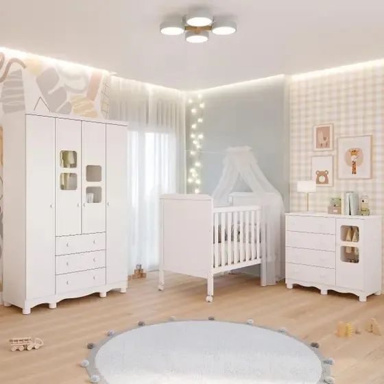 Quarto Infantil Uli, 100% MDF - ( Roupeiro + Comoda + Berço Americano ) - Peroba - Foto 2