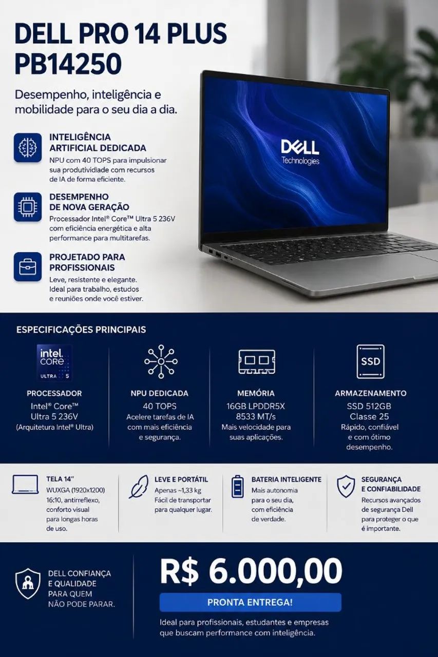 Notebook Dell Pro 14 Plus Modelo: Pb14250