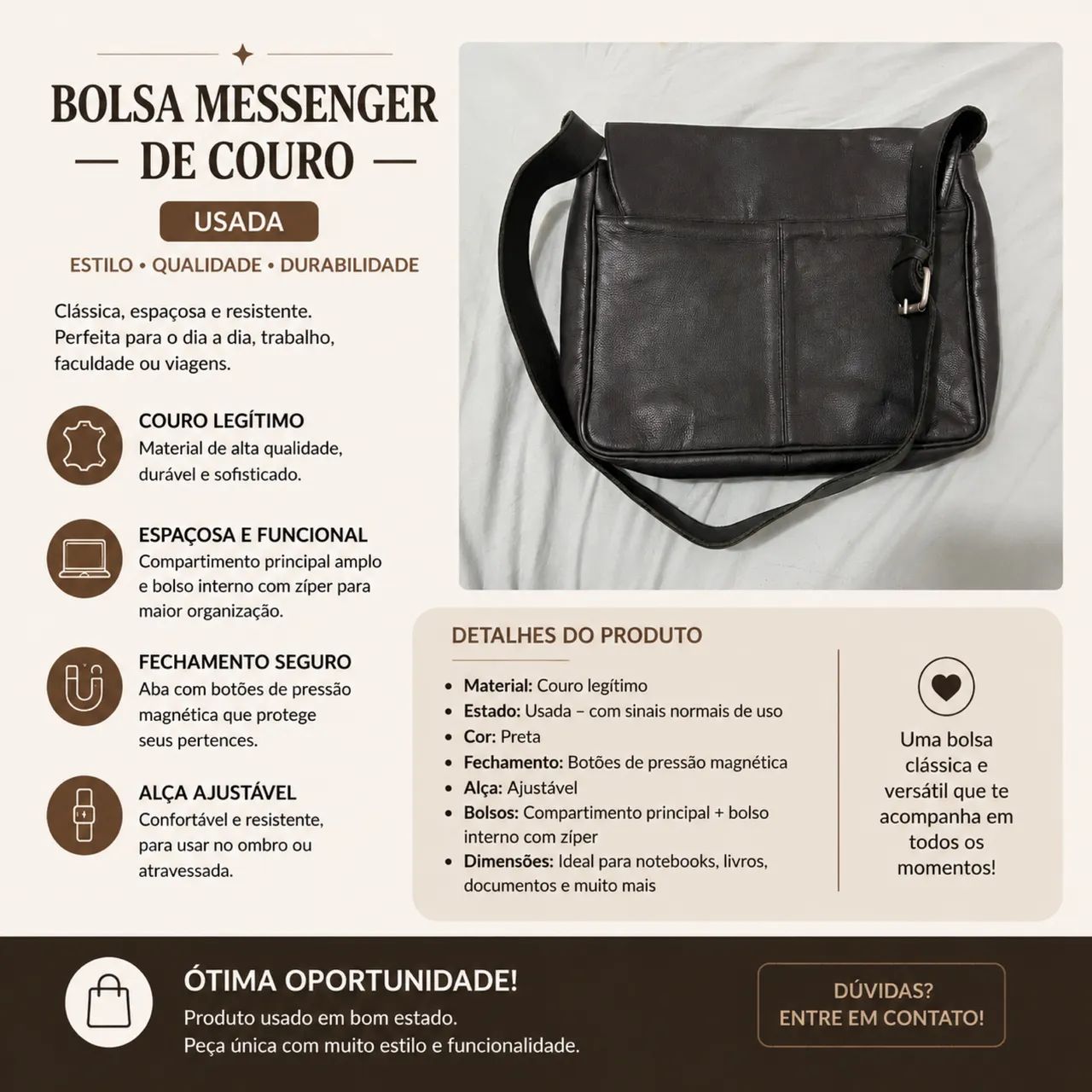 Bolsa Messenger de Couro Usada - Preta | Ótimo Estado