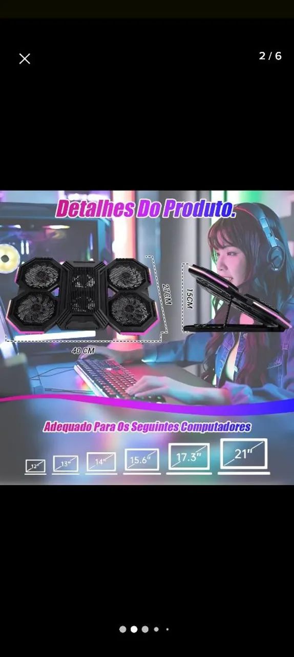 SUPORTE NOTEBOOK COLLER RGB COM 6 FANS E COLLER CELULAR PRETO 