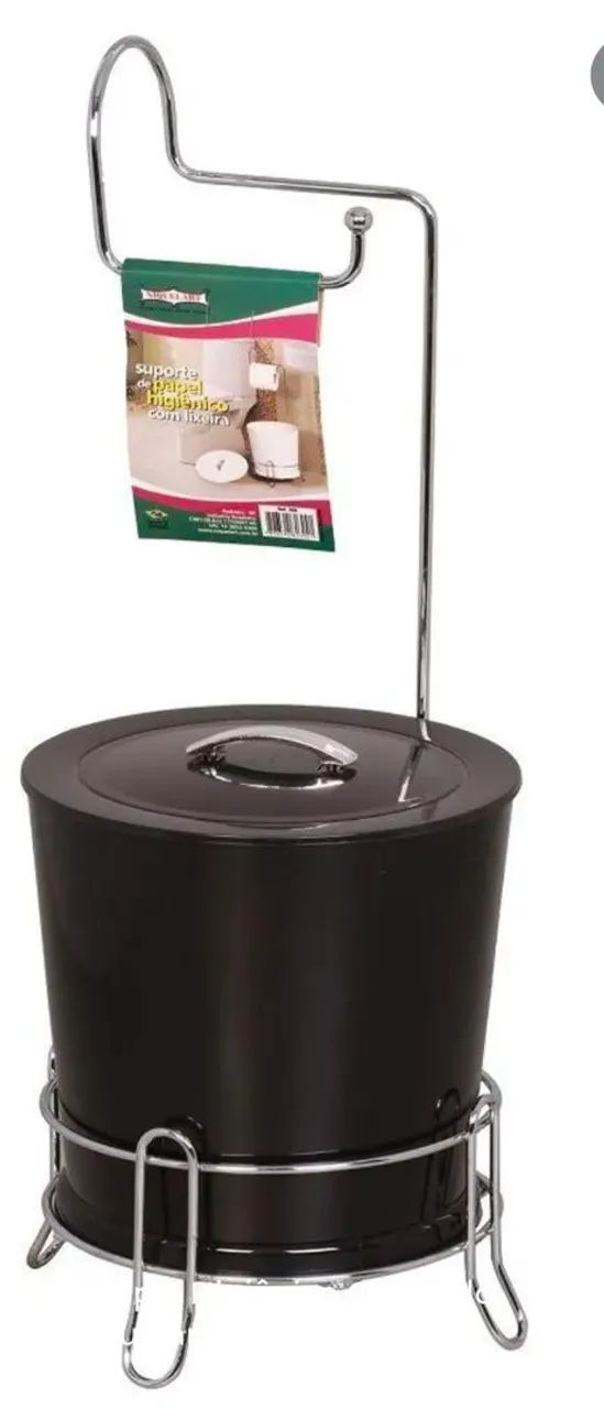 Suporte para Papel Higiênico Cromado com Lixeira Niquelart Cor Preto.