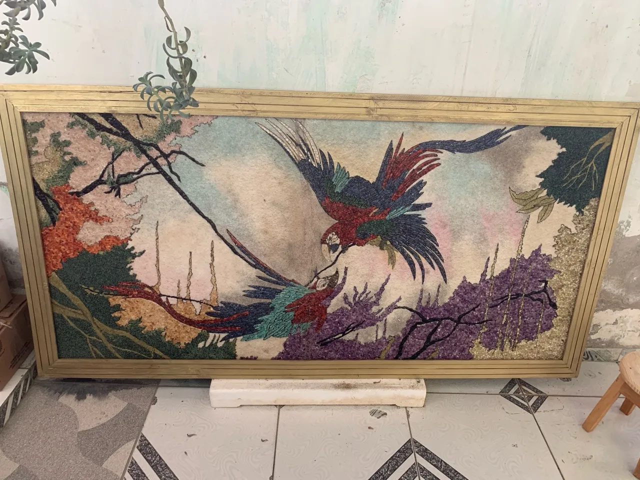Quadro Grande decorativo de pedras com moldura de madeira de
