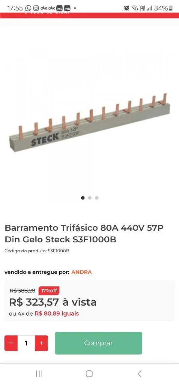 Barramento Trifásico 80A 440V 57P Din Gelo Steck S3F1000B - Foto 2