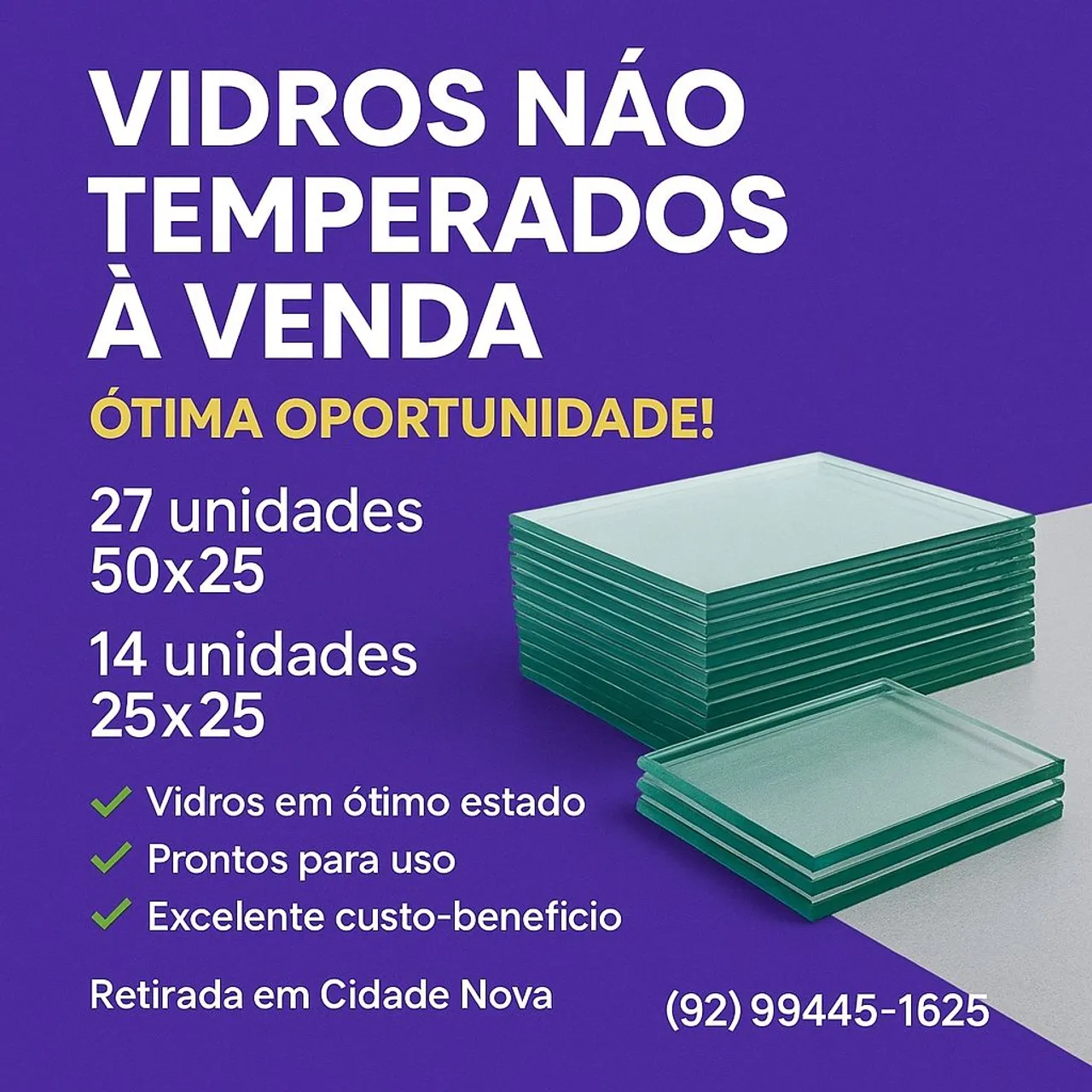 Vidros não temperados à venda - Ótima oportunidade!