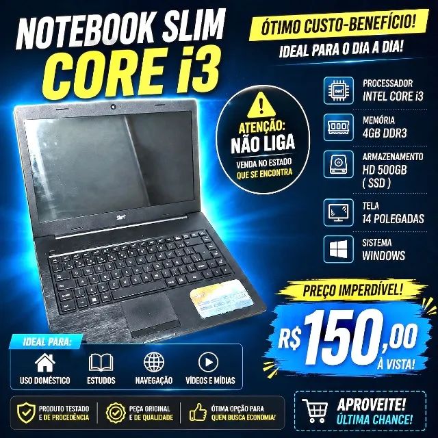 Notebook core i3, 4gb 500hd - Parou de funcionar ontem !!