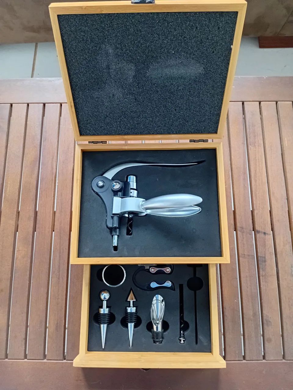 Kit abridor de vinho com caixa madeira 