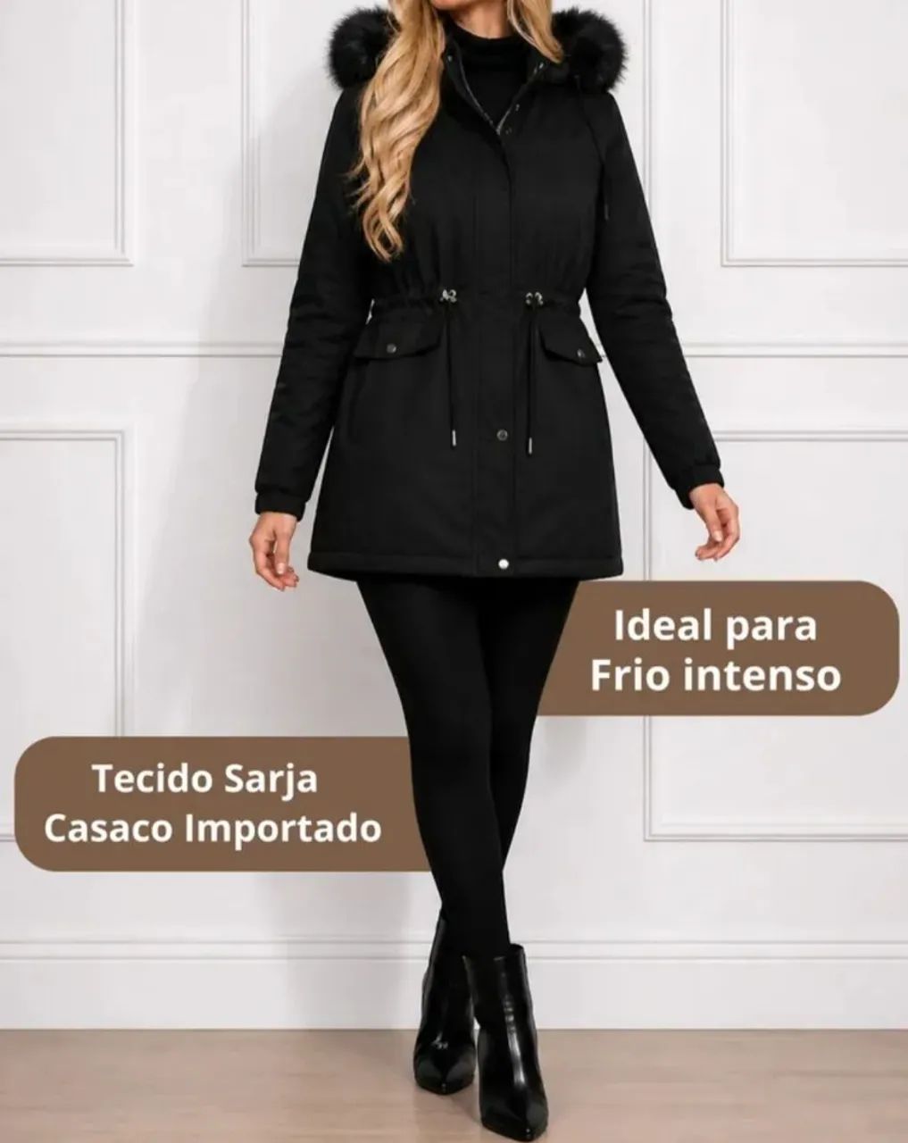 Casaco Sarja Sobretudo Forrado Com Capuz  - Foto 3