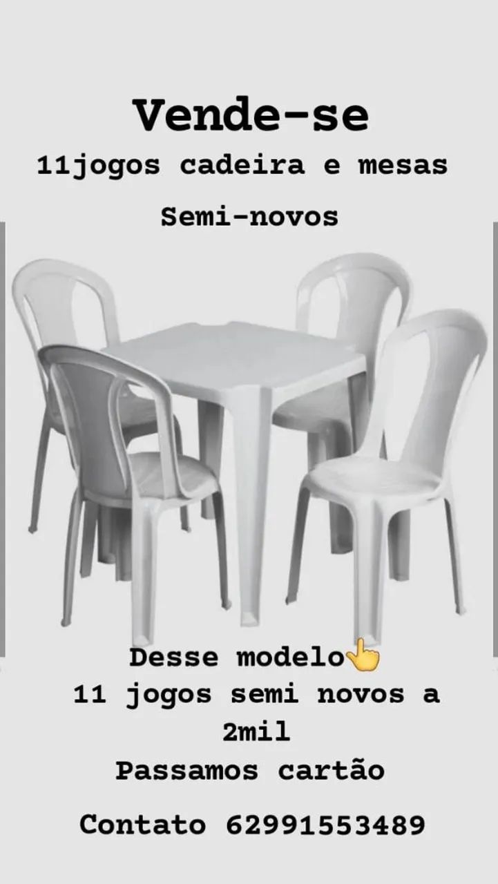12 Jogos de mesa com 4 cadeiras, plastico branco
