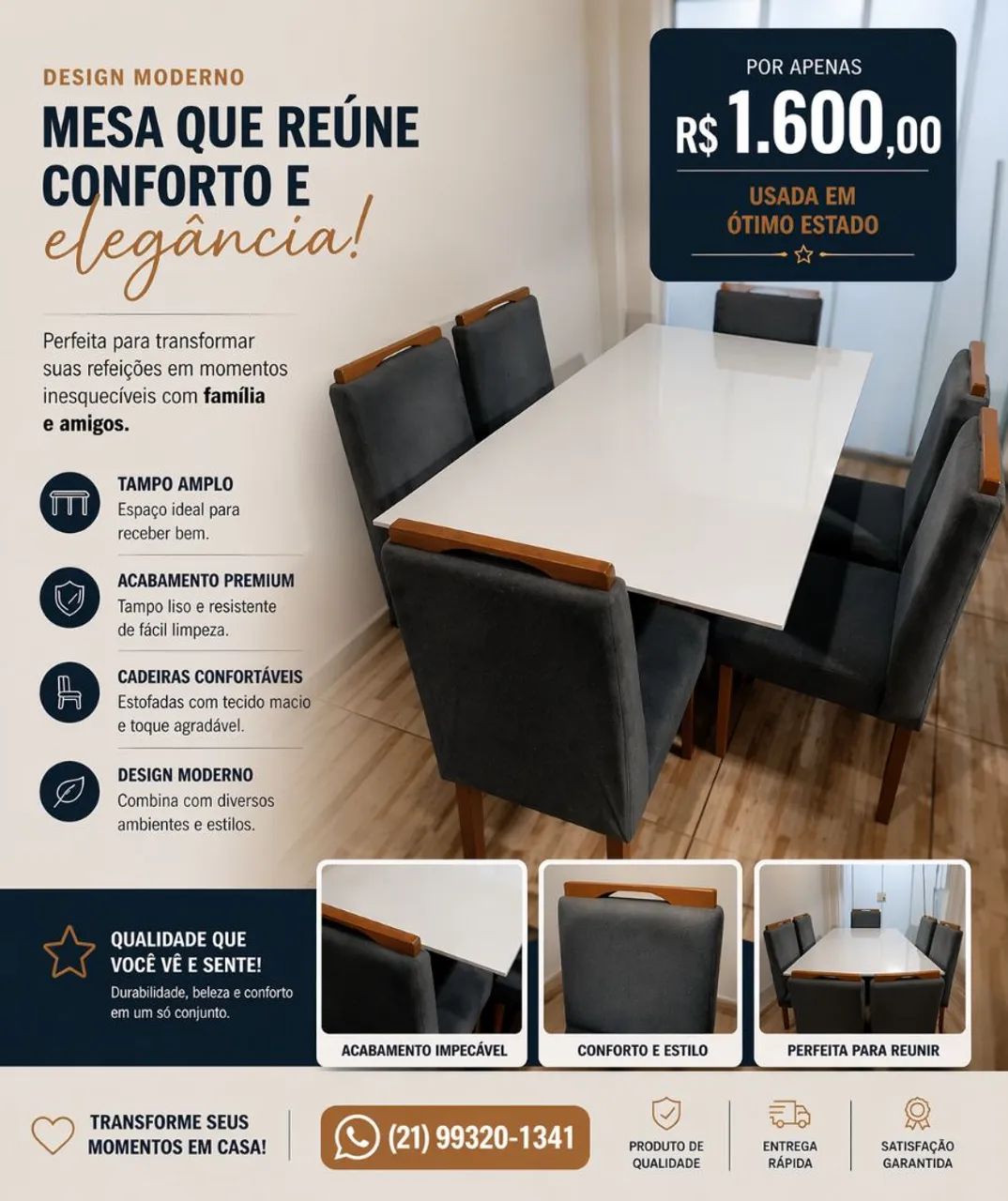 Mesa de jantar com 6 cadeiras em madeira 
