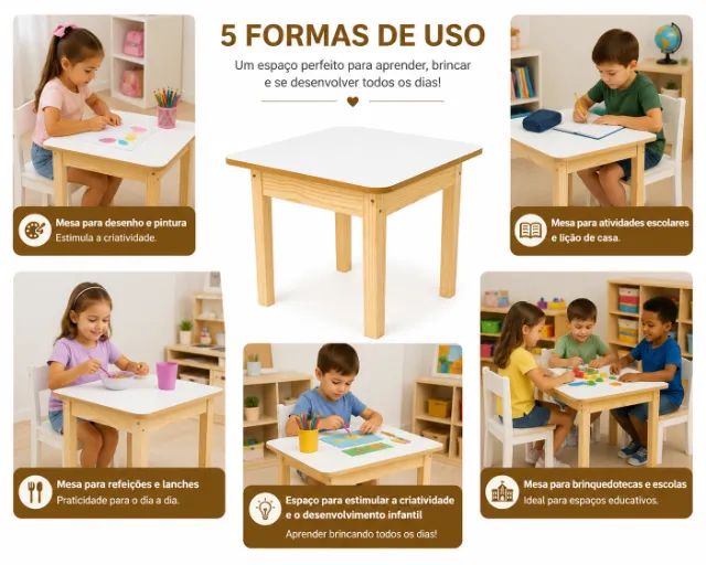 Conjunto Mesa Infantil Com 4 Cadeiras de Madeira - Foto 3