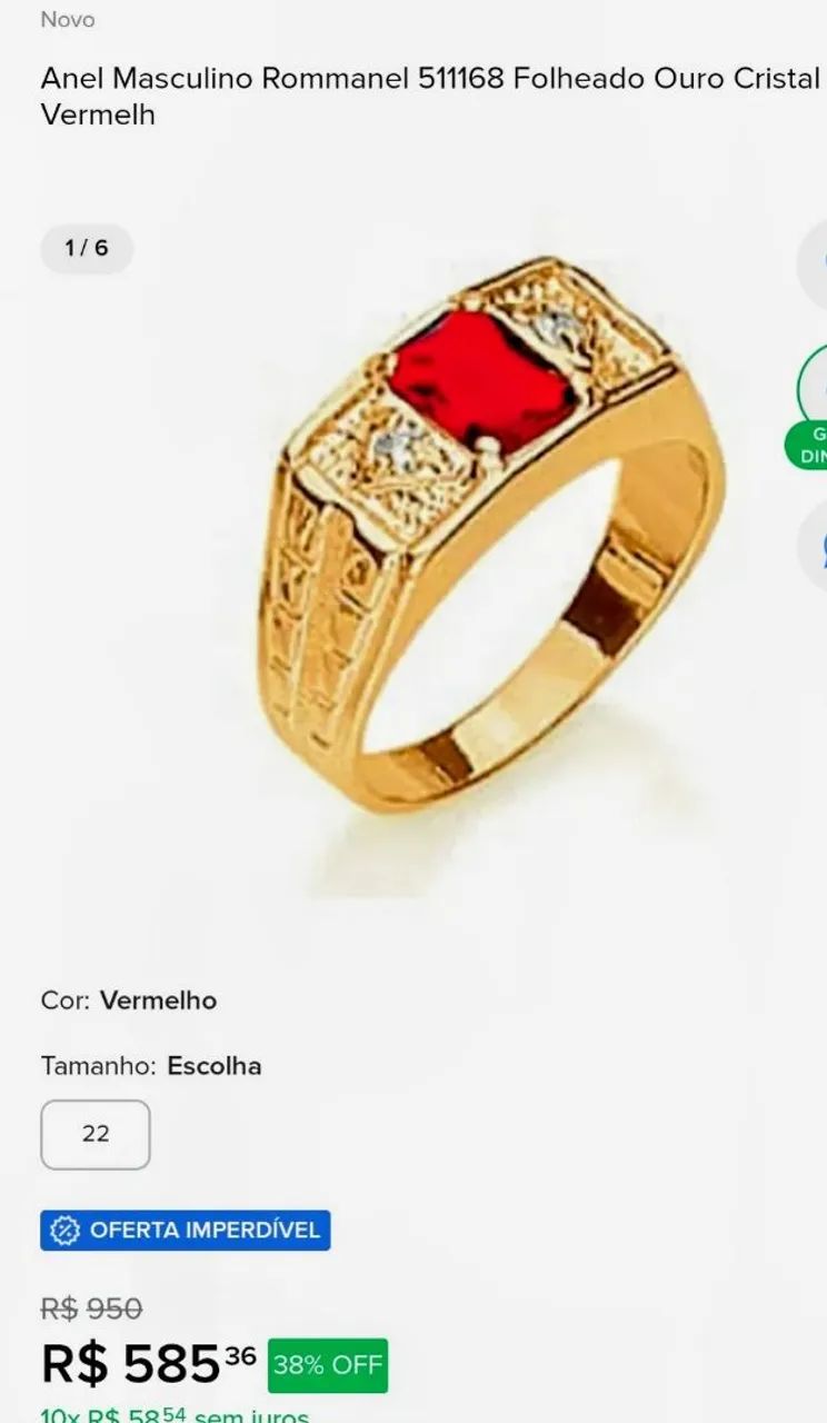 Anel de Ouro 18k Masculino Rommanel com pedra cristal retangular Vermelha 